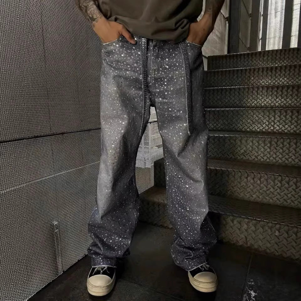 Men's Sparkling Diamond-Encrusted Jeans with Diamond Belt - High Street Style Long Pants