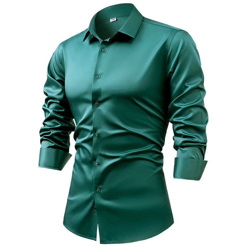 Men's silk satin long-sleeved dress shirt, business casual button-down shirt