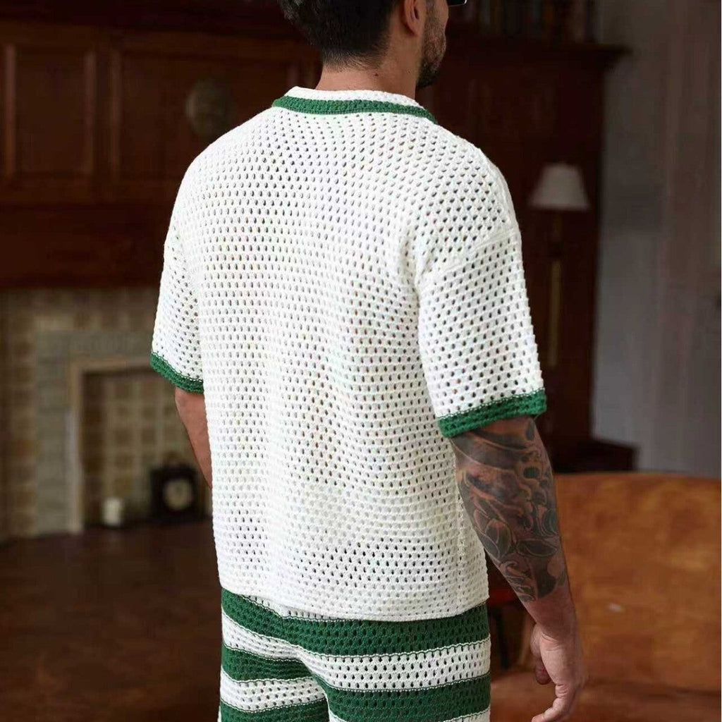 Men's Suit Collar Short-Sleeve Embroidered Knit Top and Shorts Set