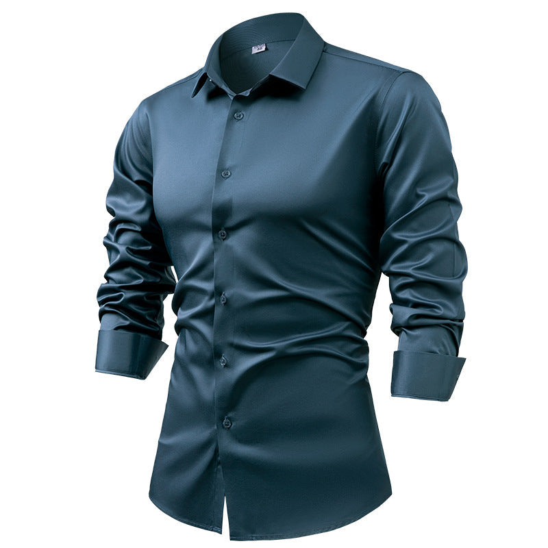 Men's silk satin long-sleeved dress shirt, business casual button-down shirt