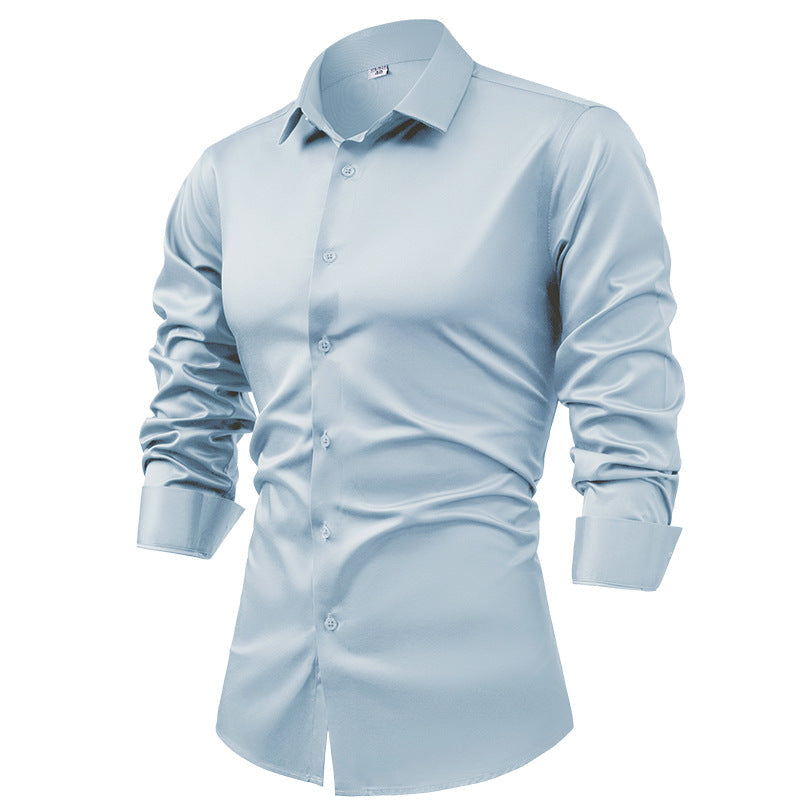 Men's silk satin long-sleeved dress shirt, business casual button-down shirt