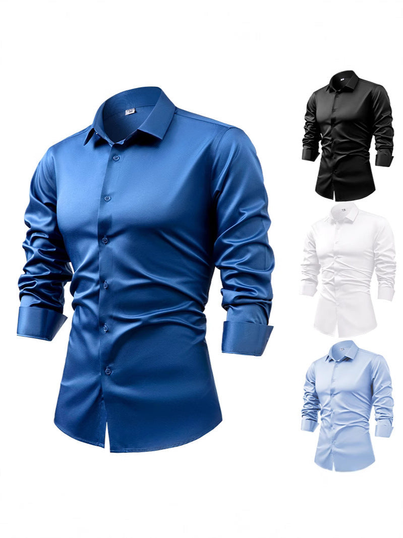 Men's silk satin long-sleeved dress shirt, business casual button-down shirt