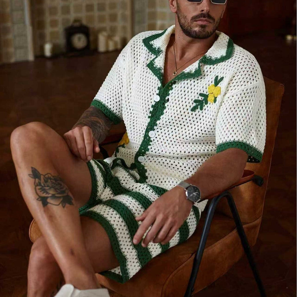 Men's Suit Collar Short-Sleeve Embroidered Knit Top and Shorts Set