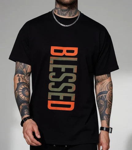 Men's Cotton "BLESSED" Graphic T-Shirt, Casual Streetwear Tee