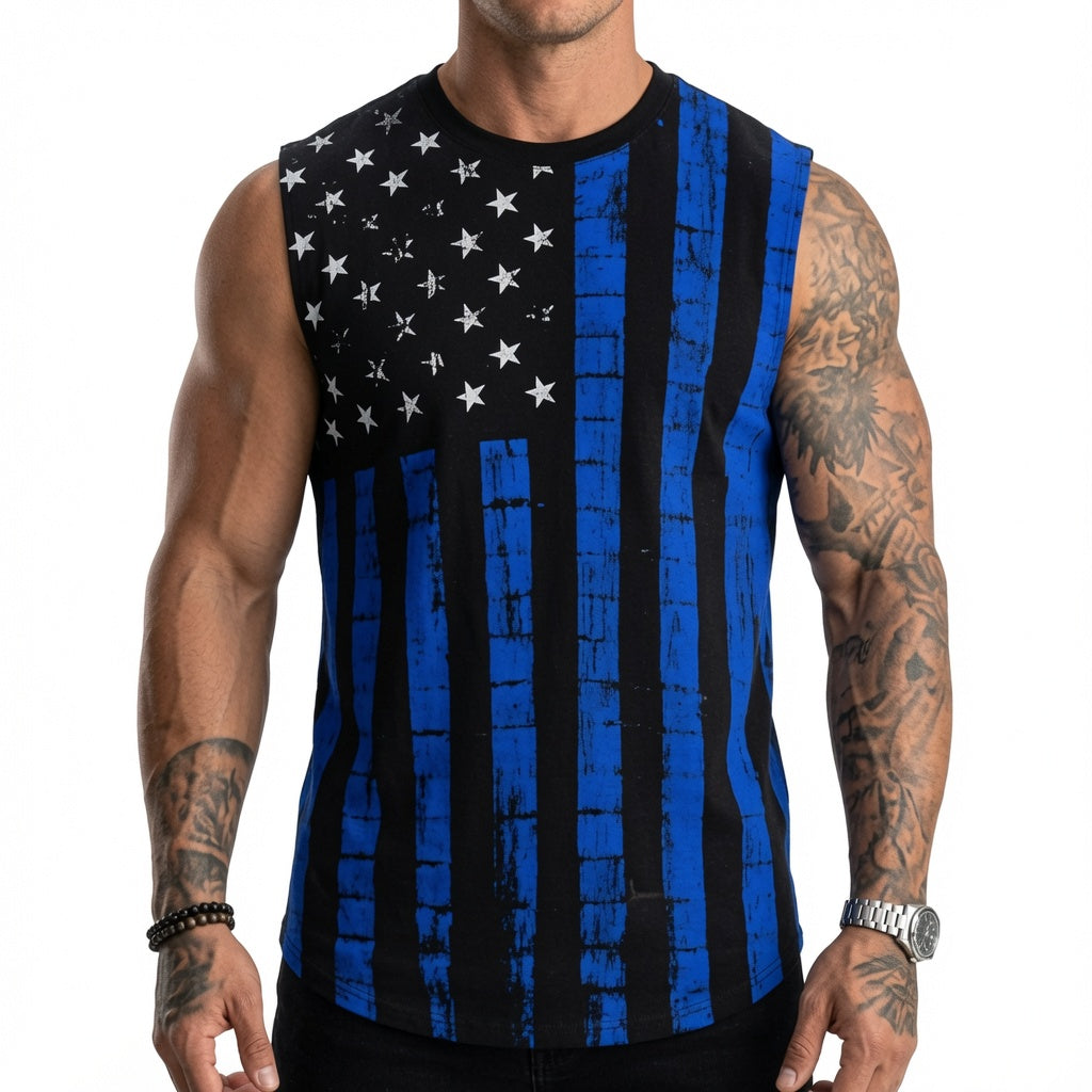 Retro red and black American flag print men's sleeveless vest
