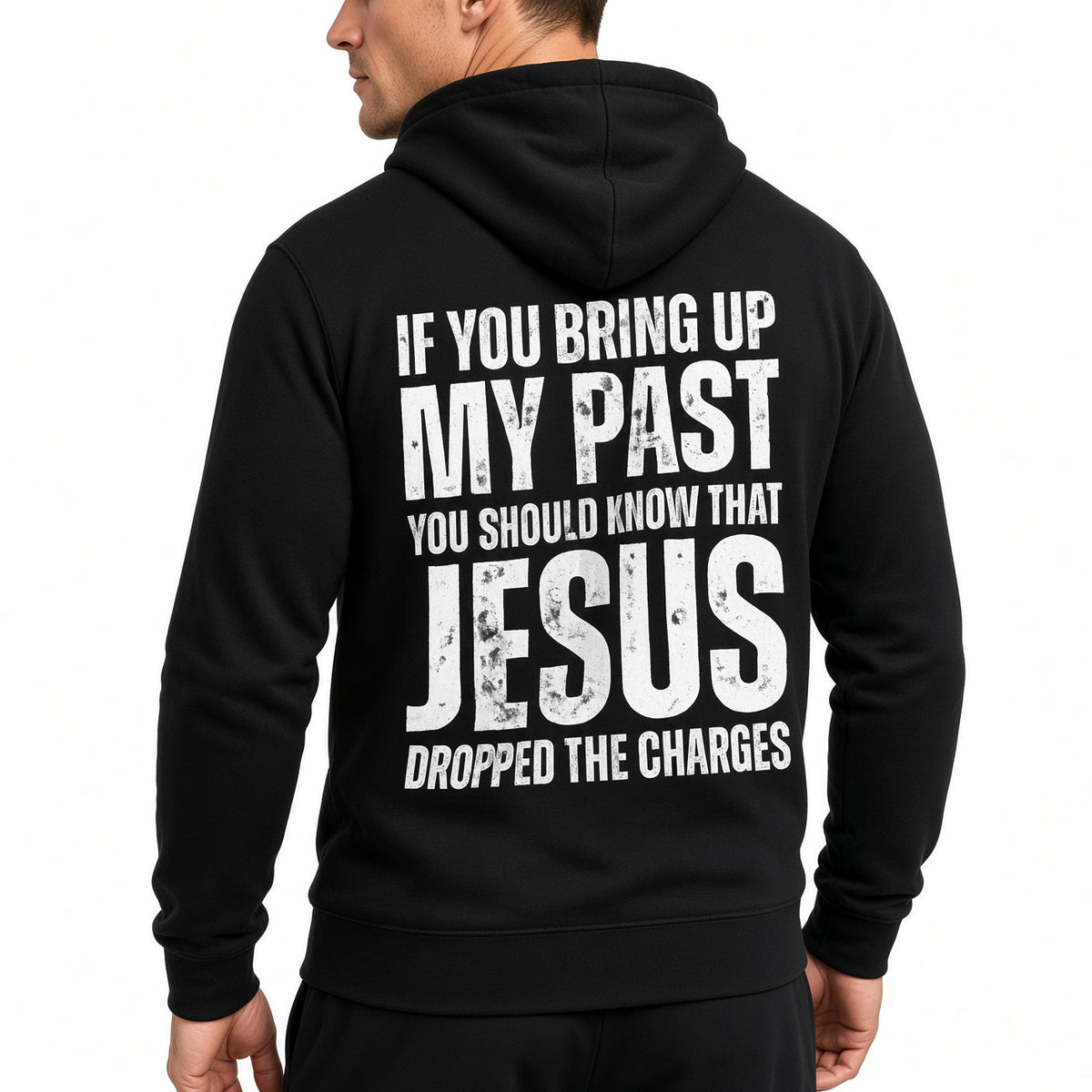 Men's Christian "Jesus Dropped The Charges" Hoodie, Distressed Back Print Faith Sweatshirt,