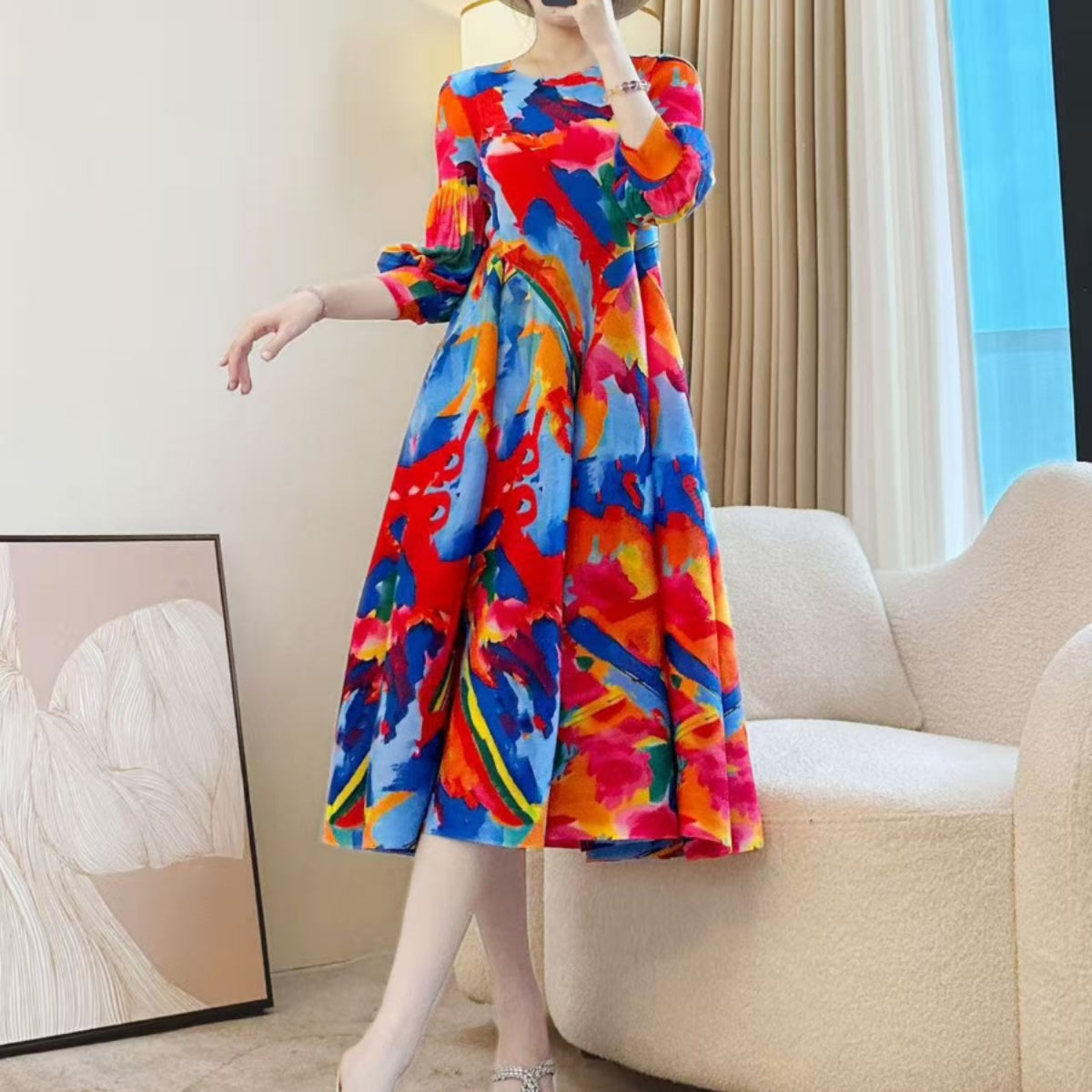Elegant Printed Stretch Pleated Maxi Dress