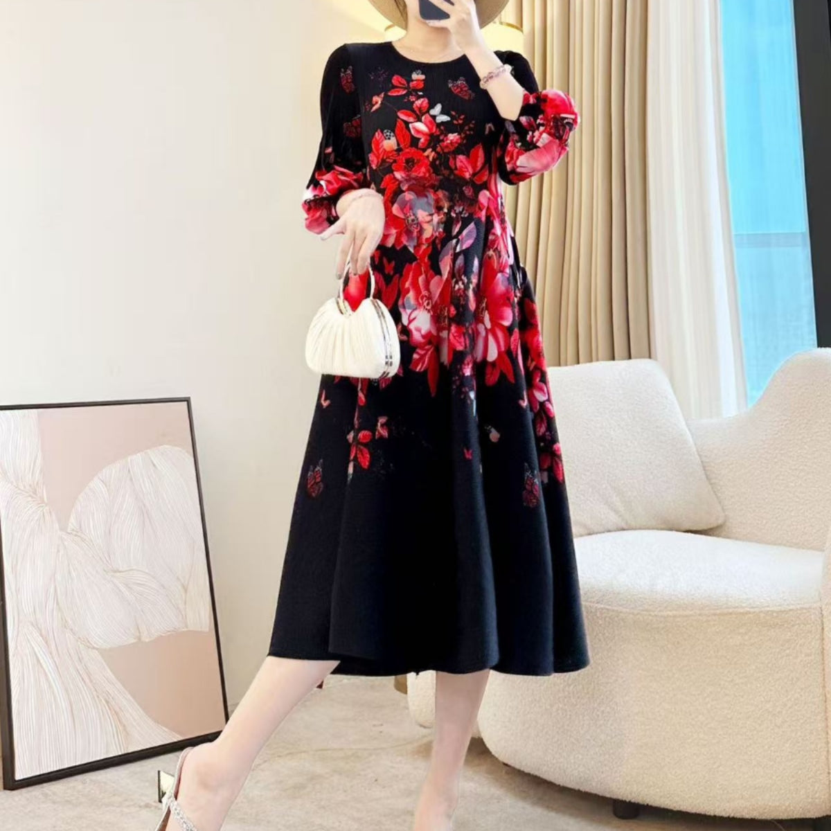Elegant Printed Stretch Pleated Maxi Dress