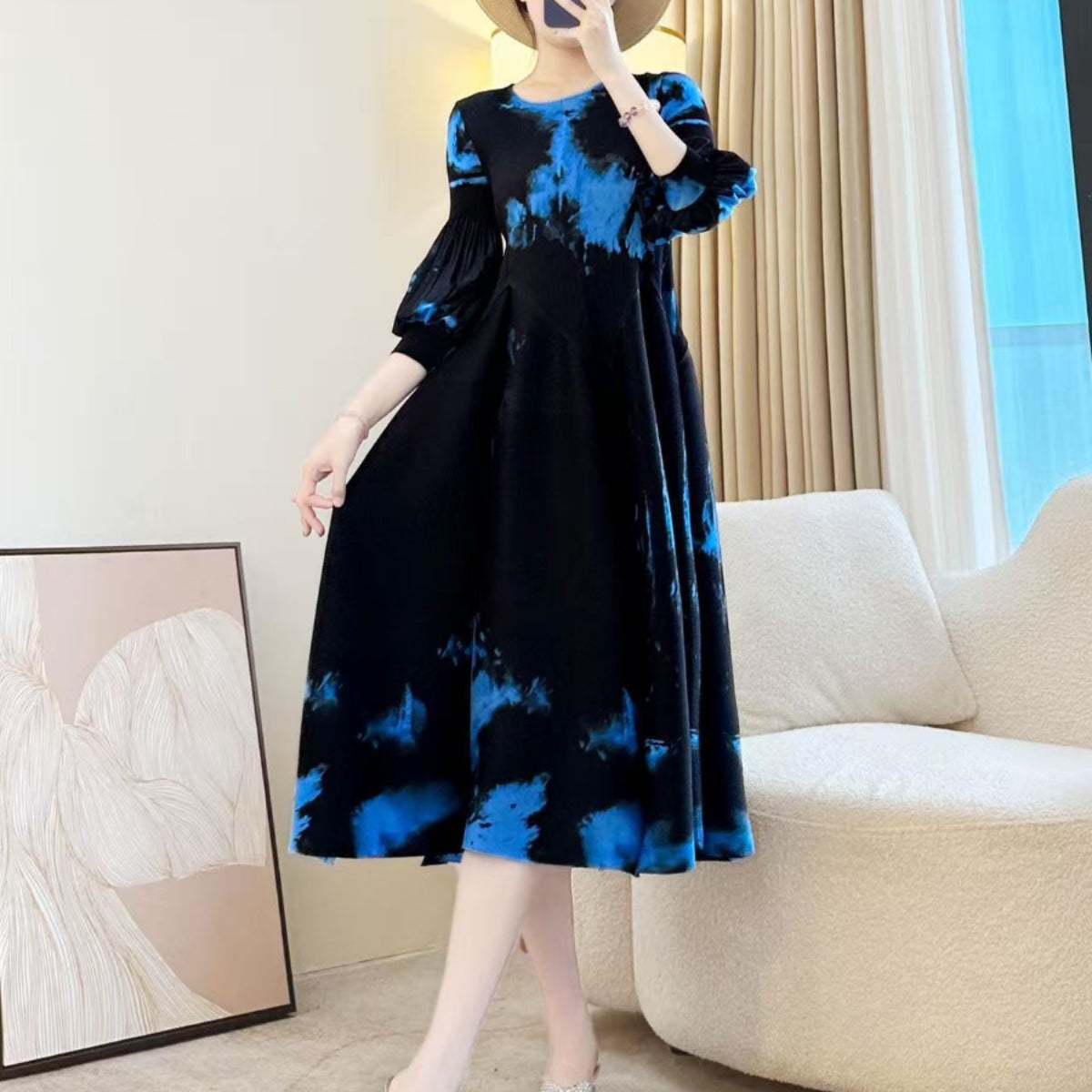 Elegant Printed Stretch Pleated Maxi Dress