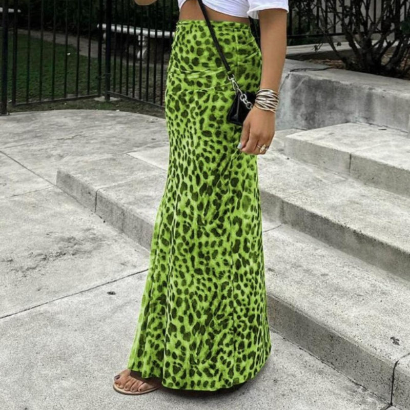 High-waisted leopard print slim-fit fishtail maxi skirt