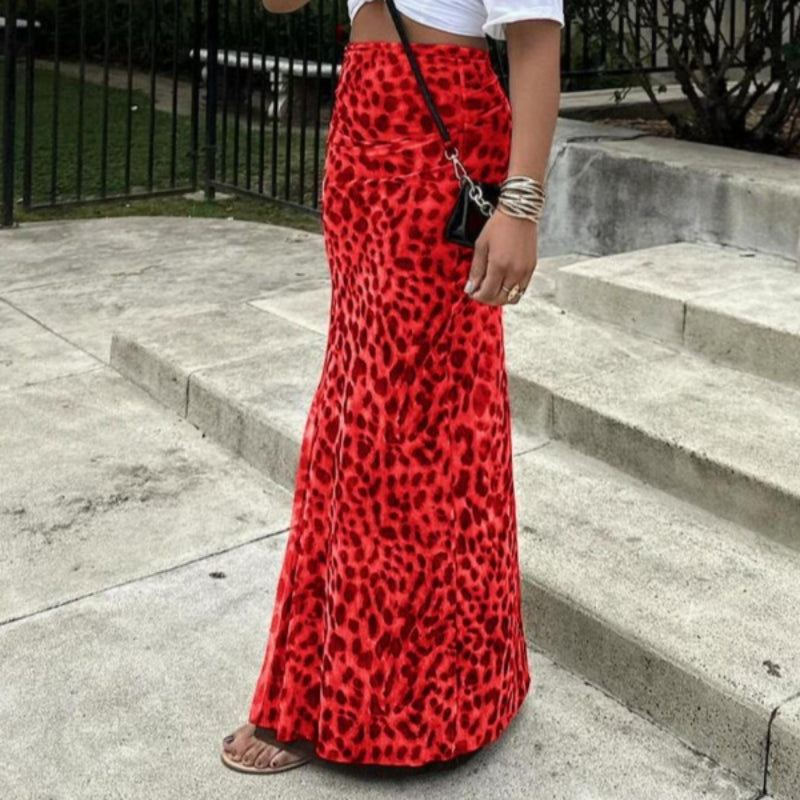 High-waisted leopard print slim-fit fishtail maxi skirt