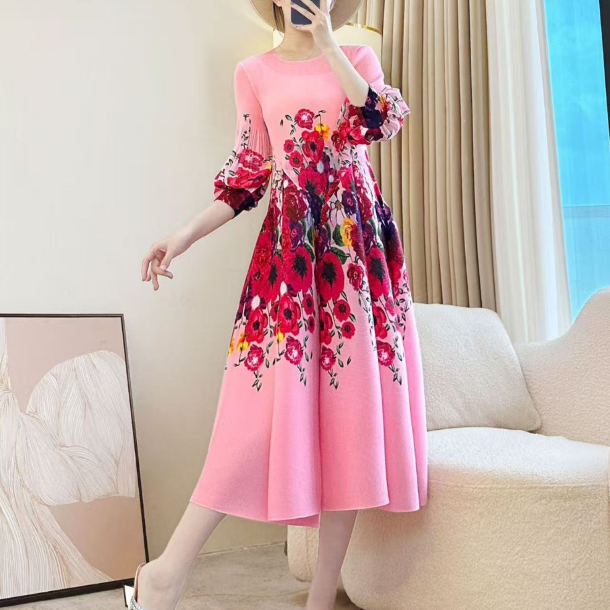 Elegant Printed Stretch Pleated Maxi Dress