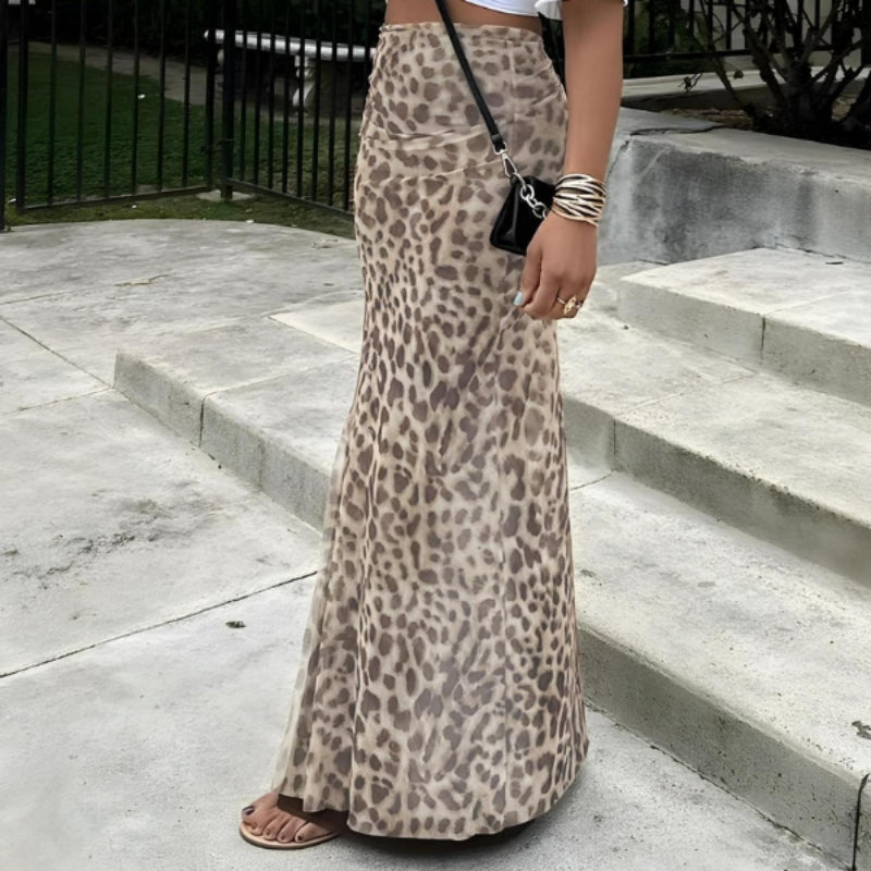 High-waisted leopard print slim-fit fishtail maxi skirt