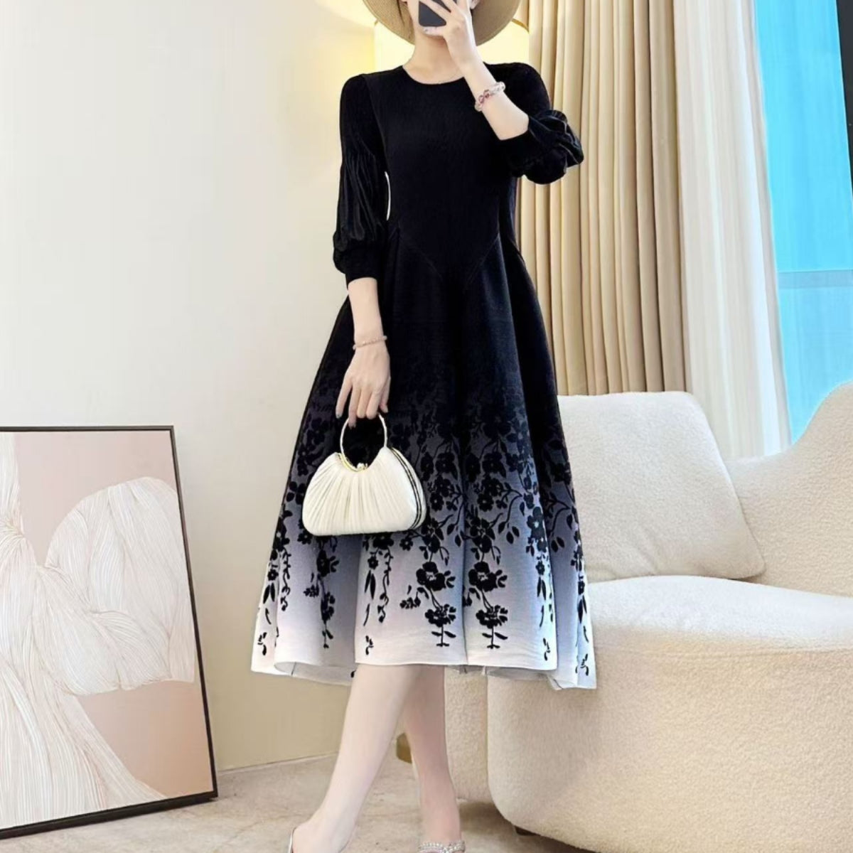 Elegant Printed Stretch Pleated Maxi Dress