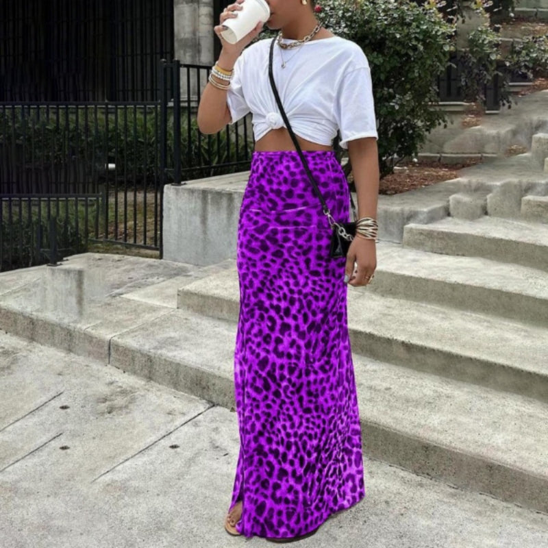 High-waisted leopard print slim-fit fishtail maxi skirt
