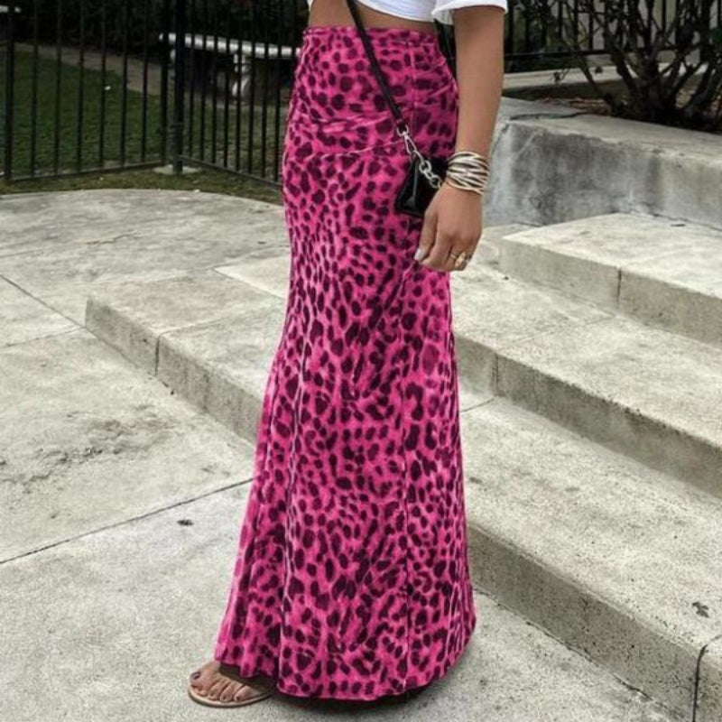 High-waisted leopard print slim-fit fishtail maxi skirt