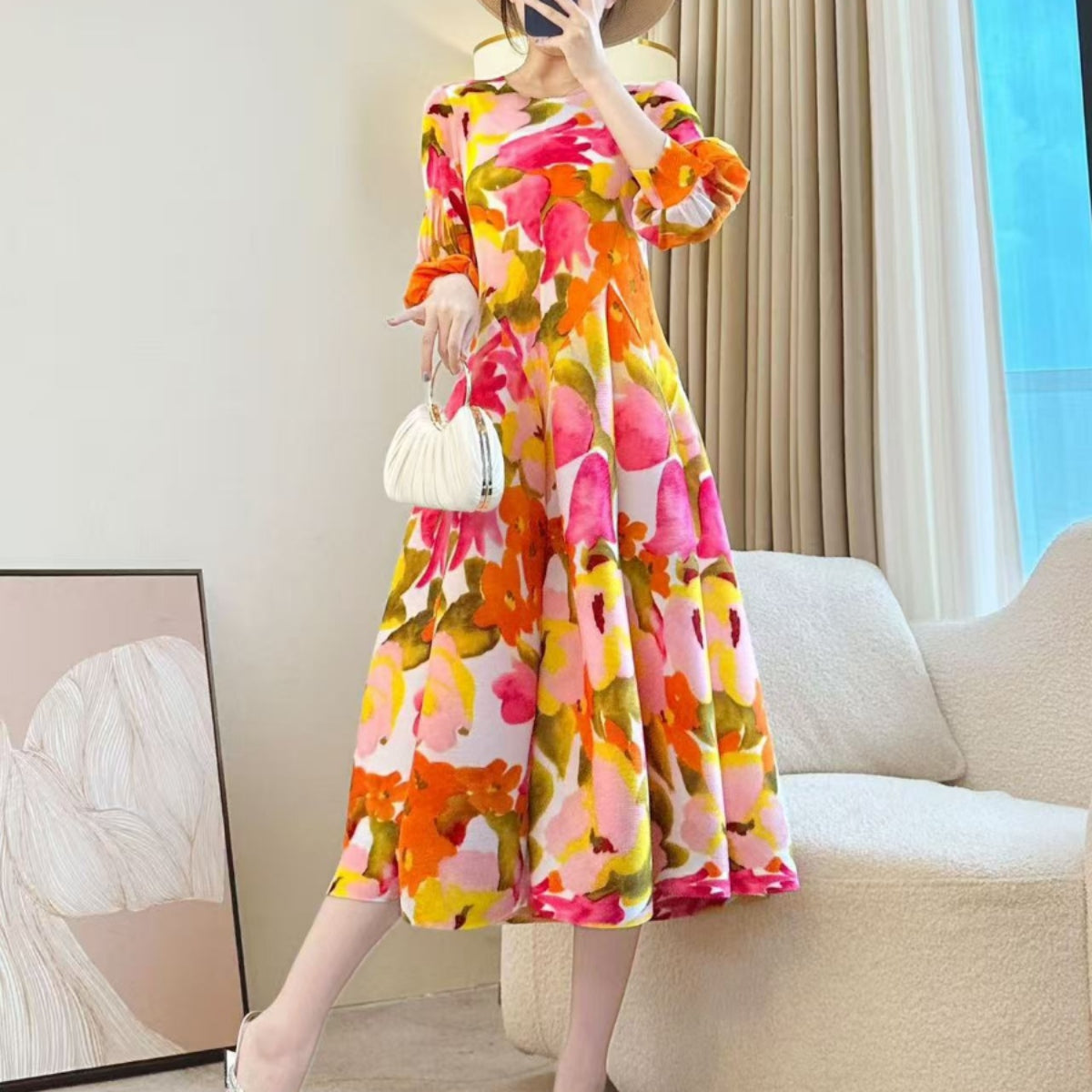 Elegant Printed Stretch Pleated Maxi Dress