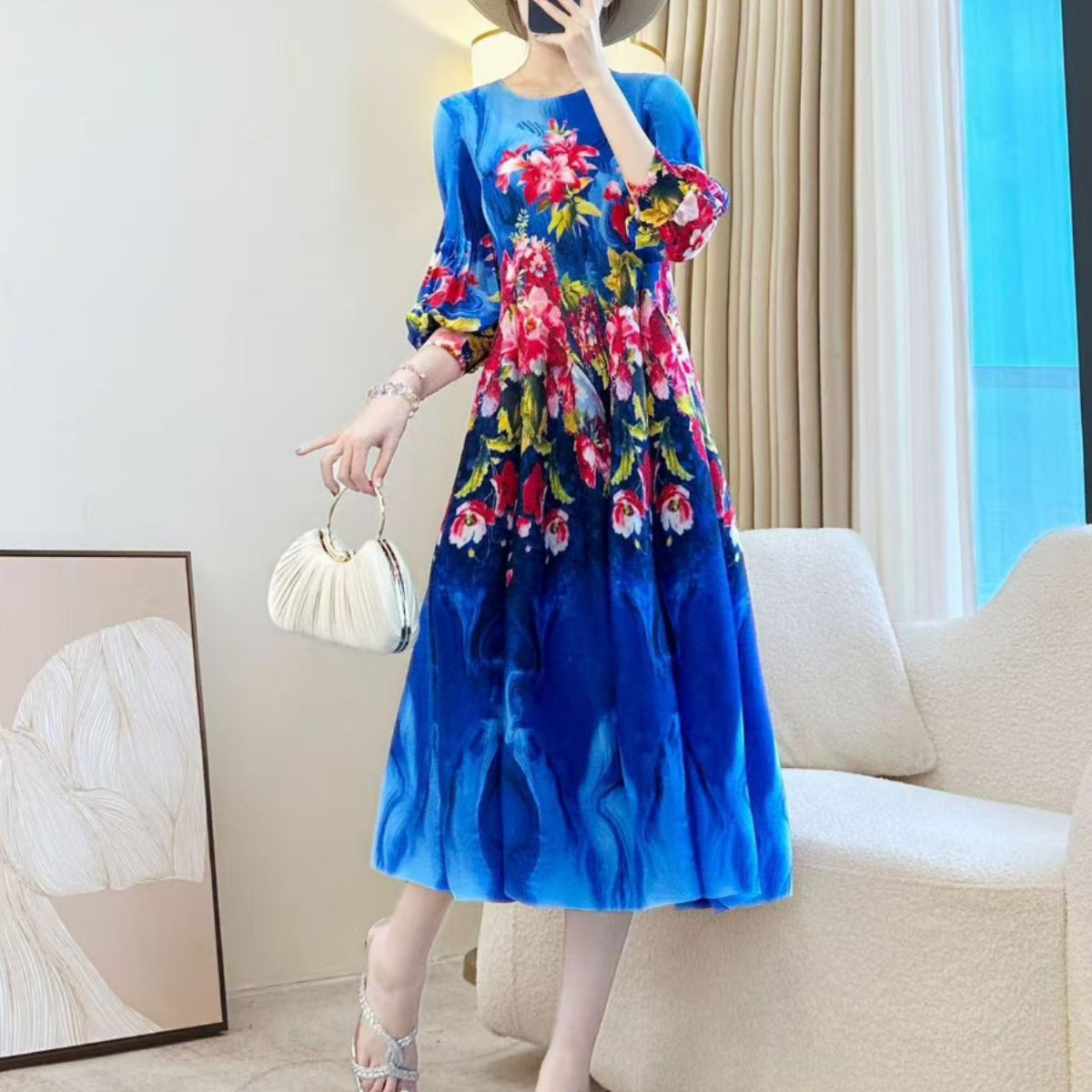 Elegant Printed Stretch Pleated Maxi Dress